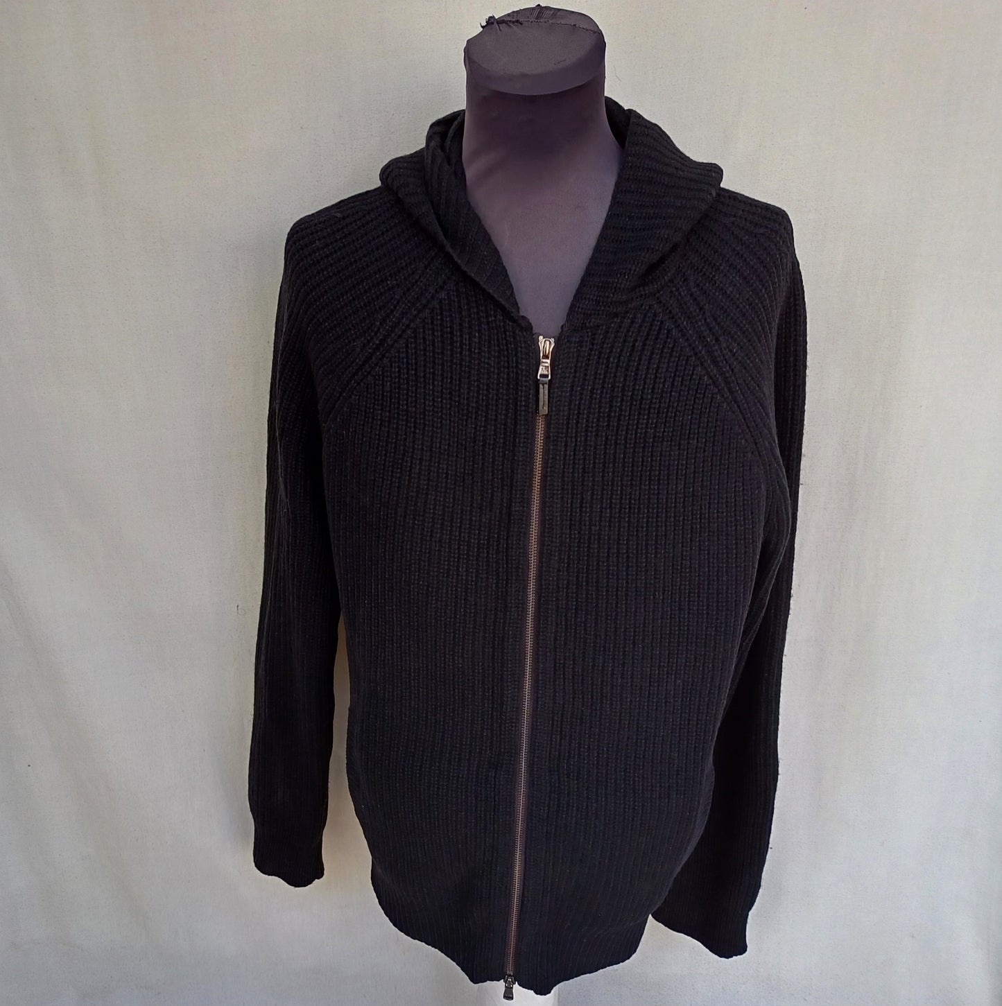 Michael Kors Leather Elbow Patch Cable Knit Shetland Wool Hoodie Cardigan Mens L