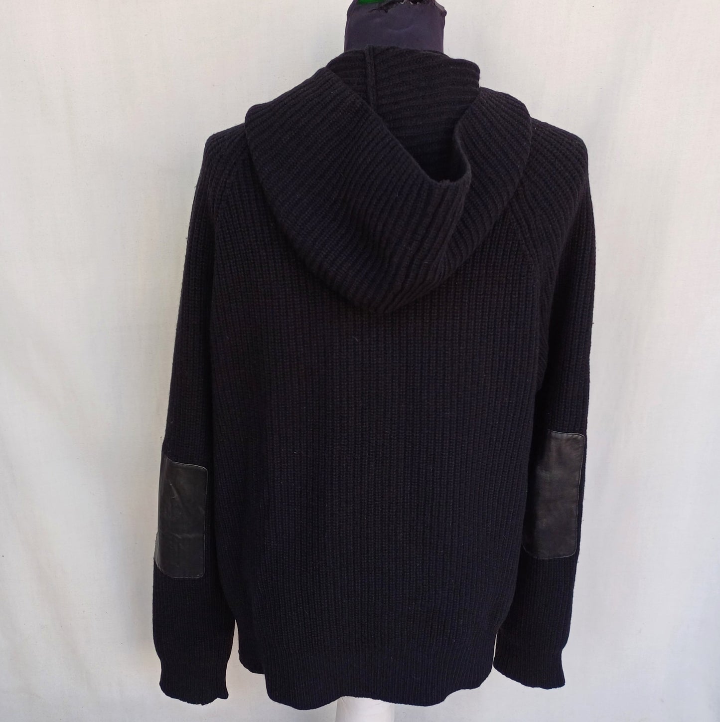 Michael Kors Leather Elbow Patch Cable Knit Shetland Wool Hoodie Cardigan Mens L