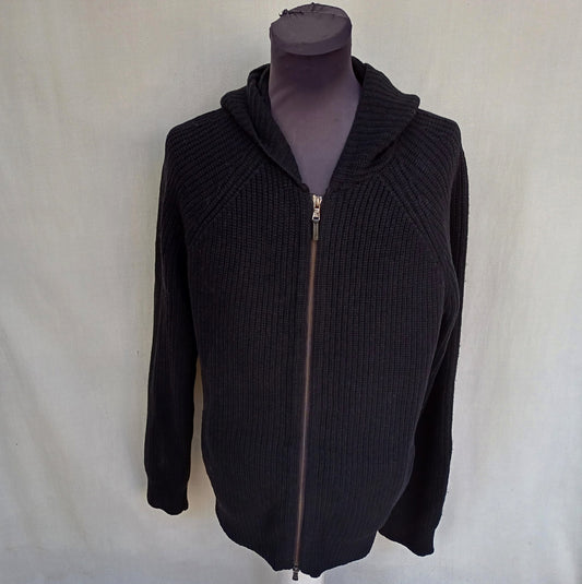 Michael Kors Leather Elbow Patch Cable Knit Shetland Wool Hoodie Cardigan Mens L