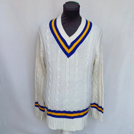Vintage Bukta Cricket Acrylic V-Neck Cable Knit Pullover Sweater Mens M