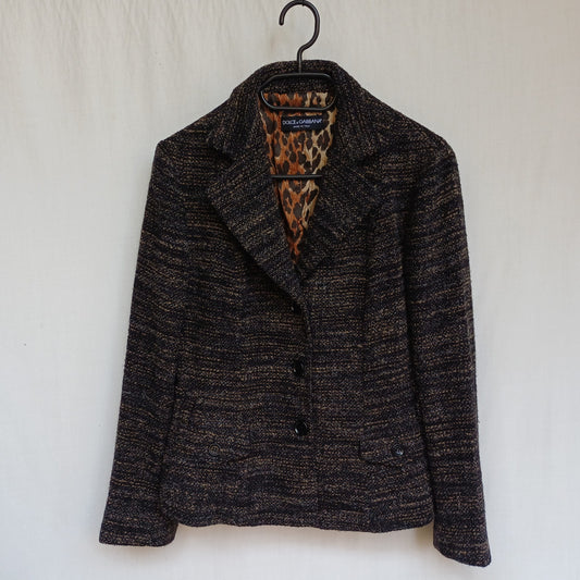 Dolce & Gabbana Leopard Lining Print Womens Wool/Alpaca Button Blazer Jacket Size 44/Large