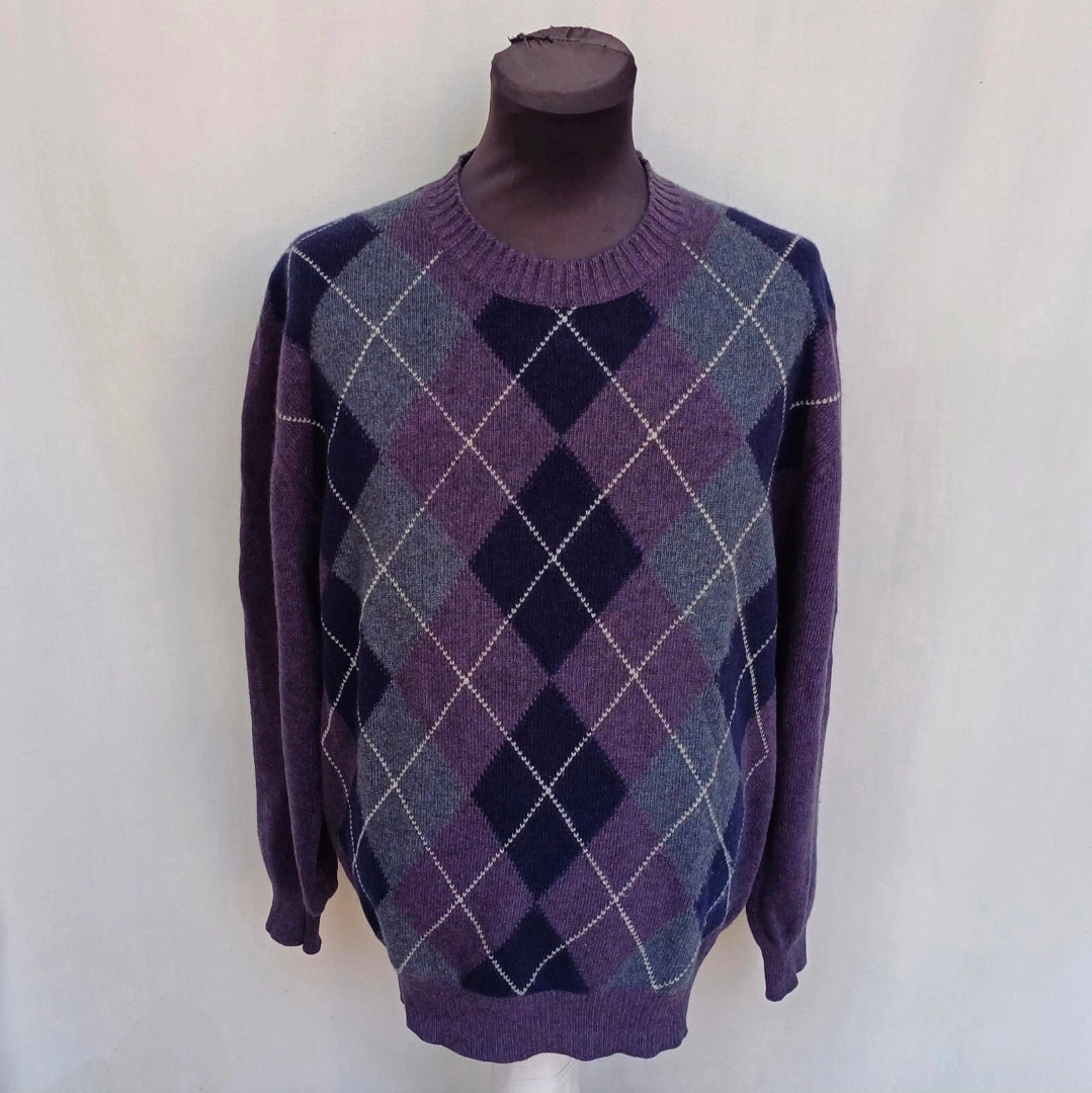 Ermenegildo Zegna Argyle Wool Crew Neck Pullover Sweater Purple Mens L