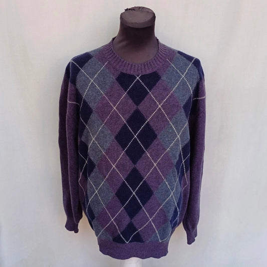 Ermenegildo Zegna Argyle Wool Crew Neck Pullover Sweater Purple Mens L