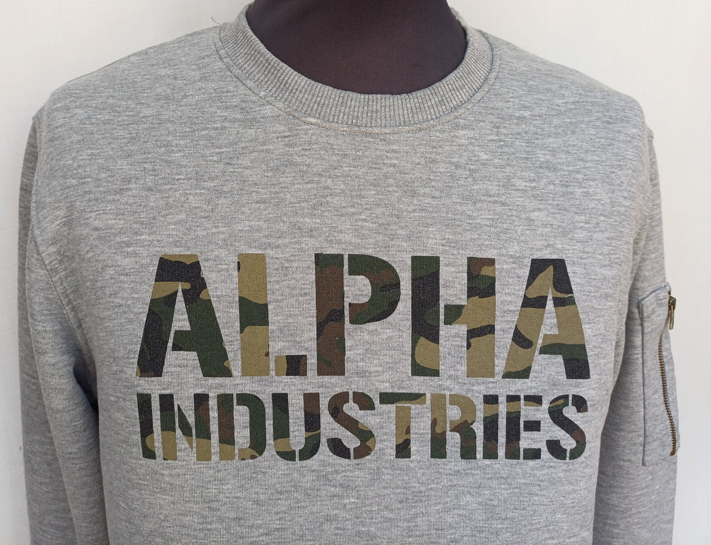 Alpha Industries Camo Print Crew Neck Cotton Pullover Sweatshirt Gray Mens S