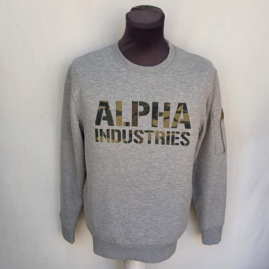 Alpha Industries Camo Print Crew Neck Cotton Pullover Sweatshirt Gray Mens S