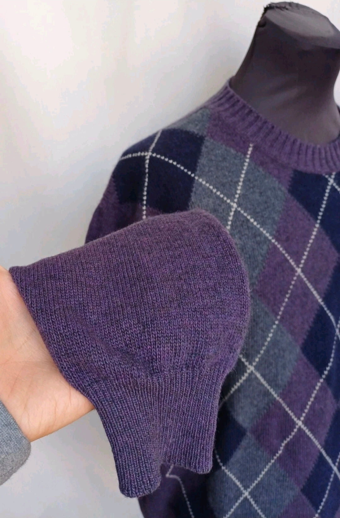 Ermenegildo Zegna Argyle Wool Crew Neck Pullover Sweater Purple Mens L