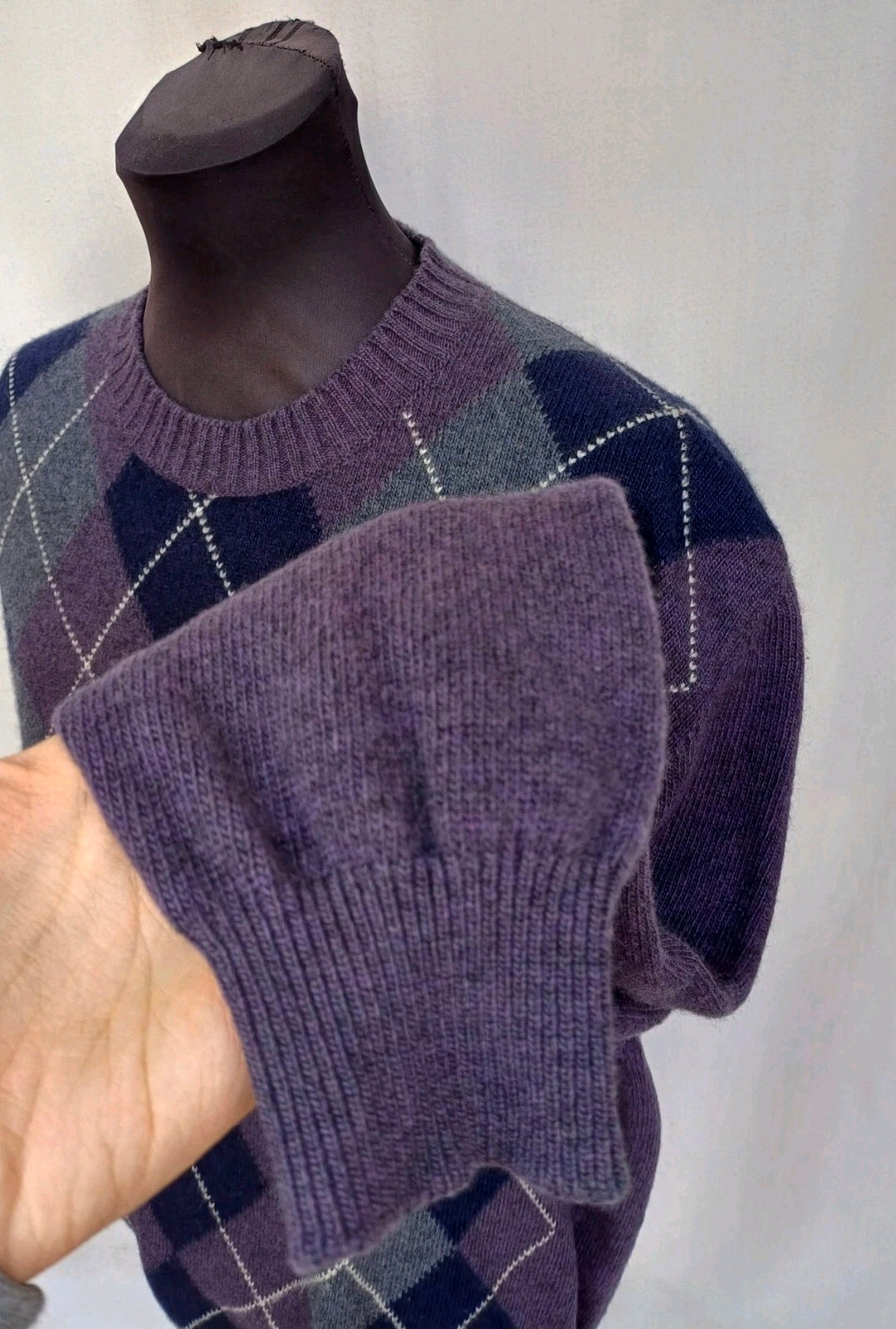 Ermenegildo Zegna Argyle Wool Crew Neck Pullover Sweater Purple Mens L