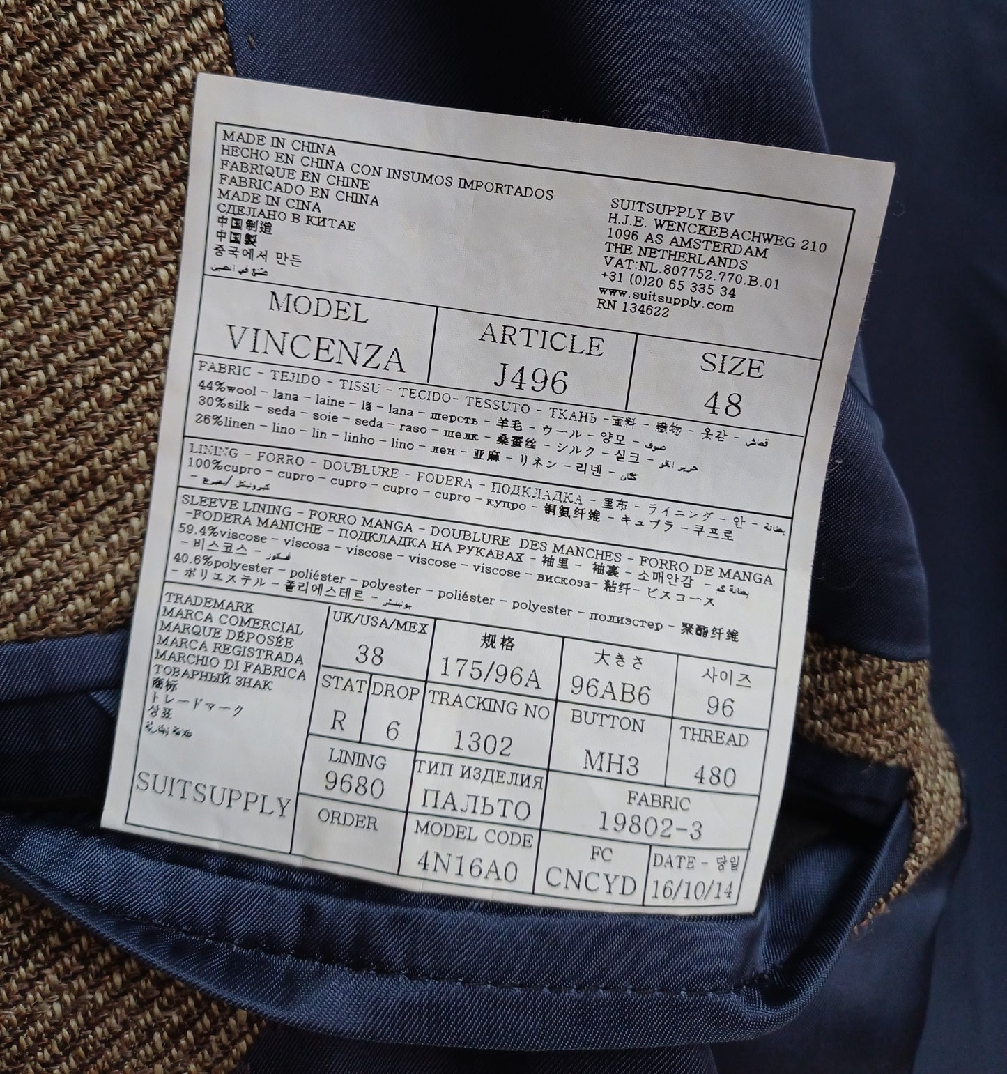 Suitsupply E.Thomas Vincenza Mens Wool/Silk/Linen Button Overcoat EU 48/US 38