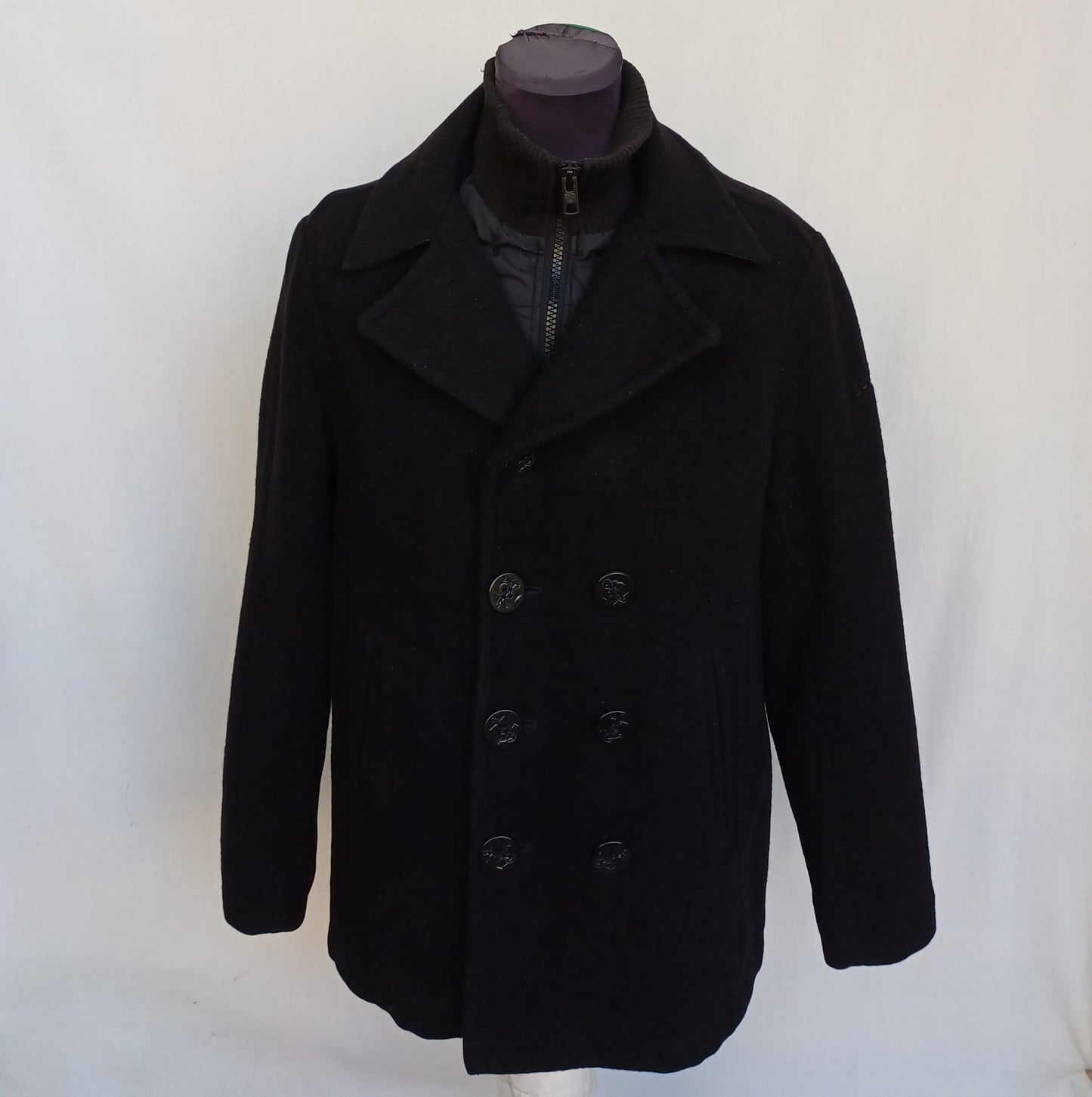 Schott Cyclone 2 Double Zipper Quilted Lining Wool Button Peacoat Mens L