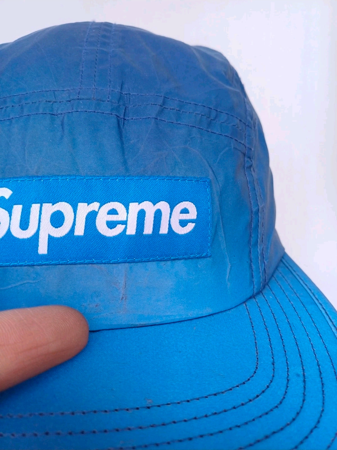 Supreme 5 Panel Reflective Camp Cap Blue Front Logo Hat One Size Adjustable