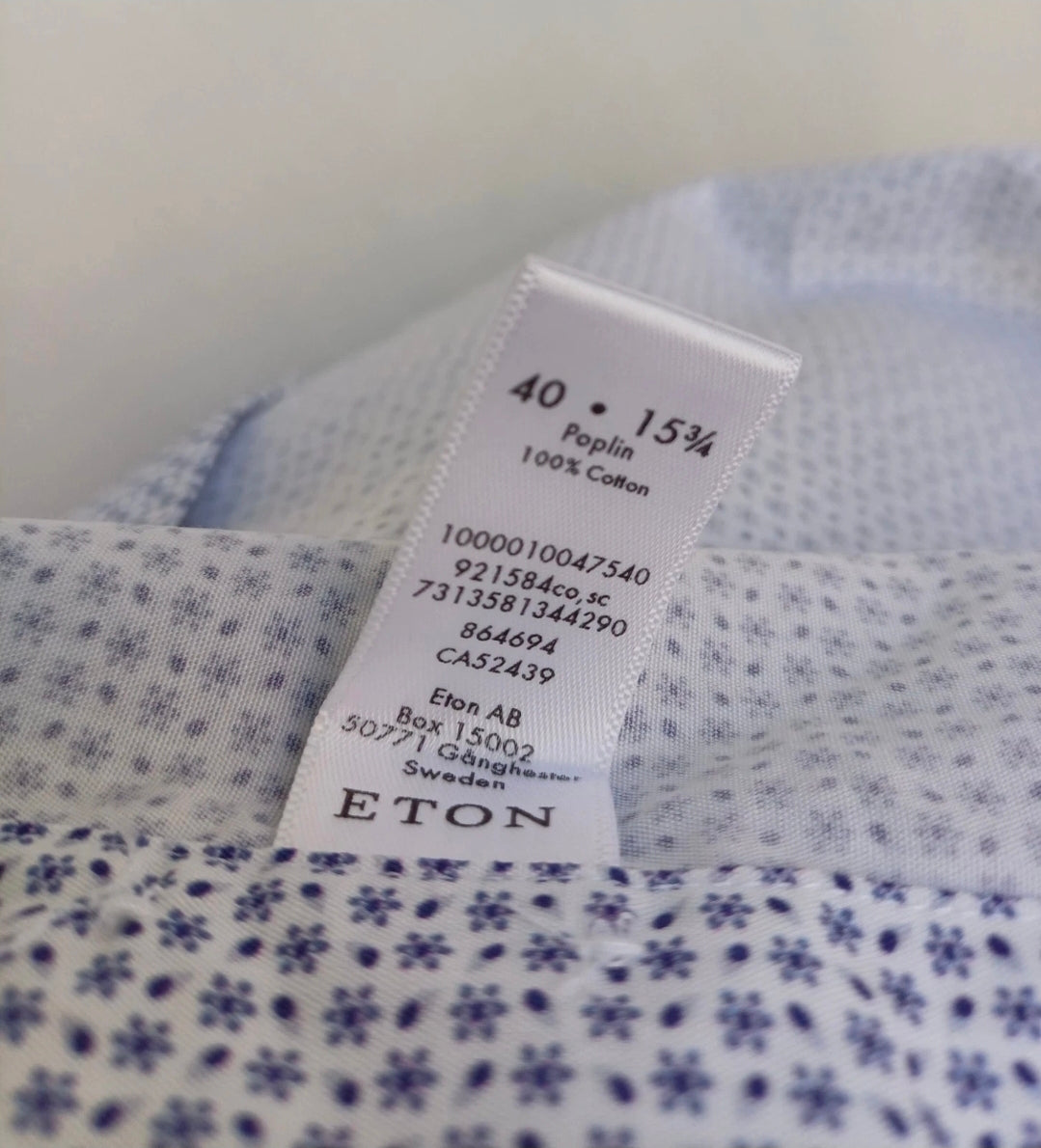 Eton Contemporary Fit Poplin 100% Cotton L/S Button-Up Shirt Mens M/40/15 3/4